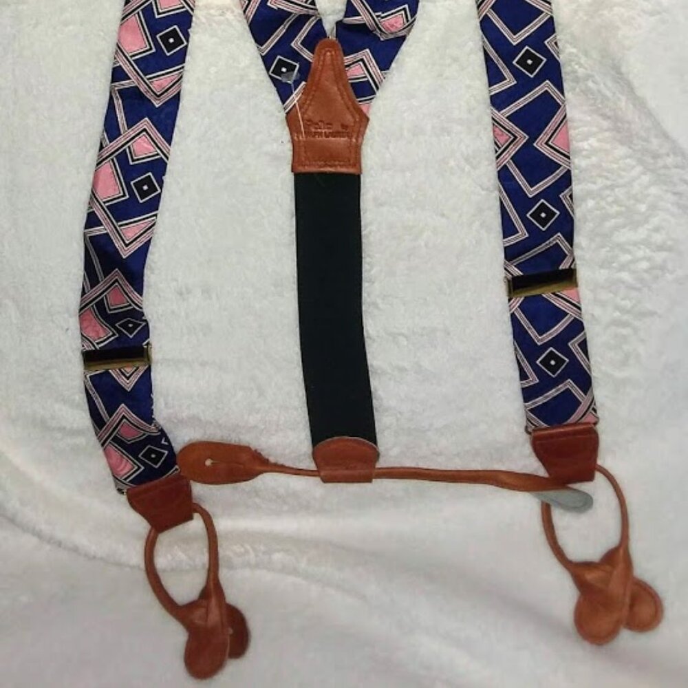 POLO Ralph Lauren Blue Gray Geometric Silk Leather Brass Braces Suspenders M New